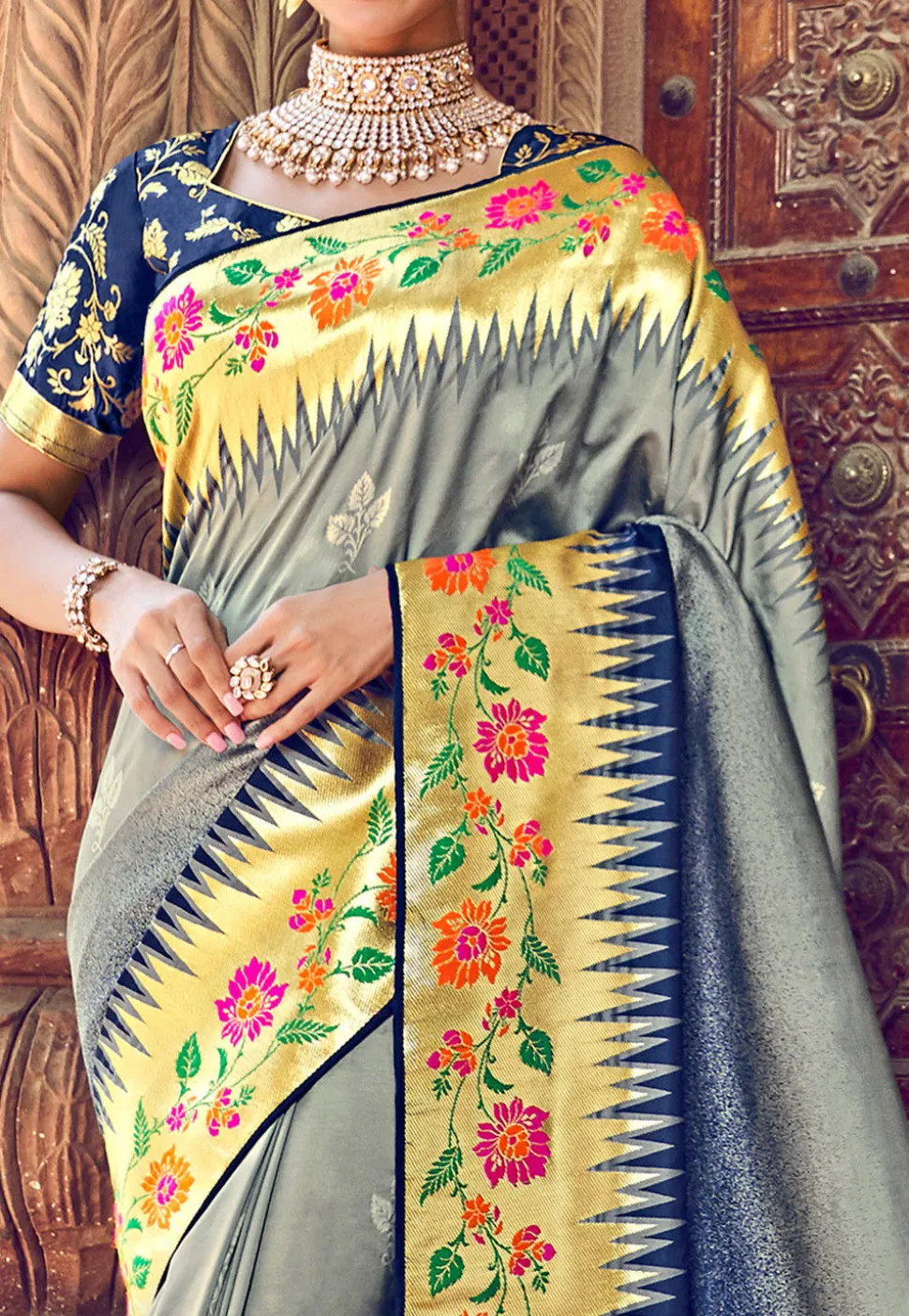Woven Art Silk Saree in Grey