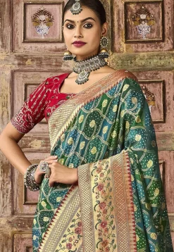 Woven Art Silk Saree in Green and Blue