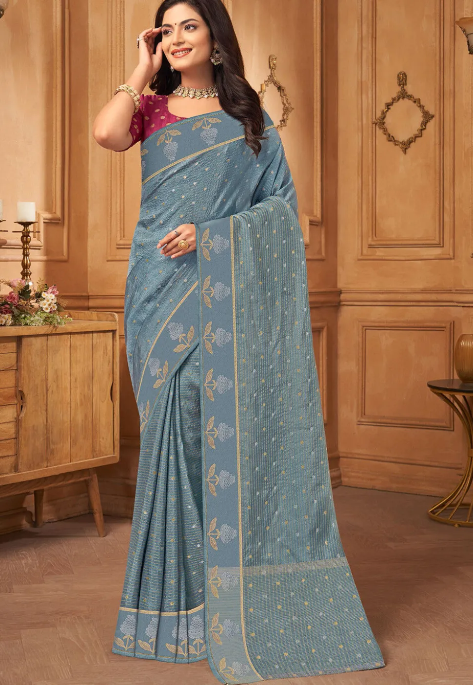 Woven Art Silk Saree in Grey