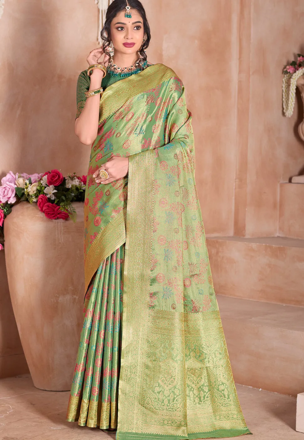 Woven Art Silk Saree in Light Green and Golden