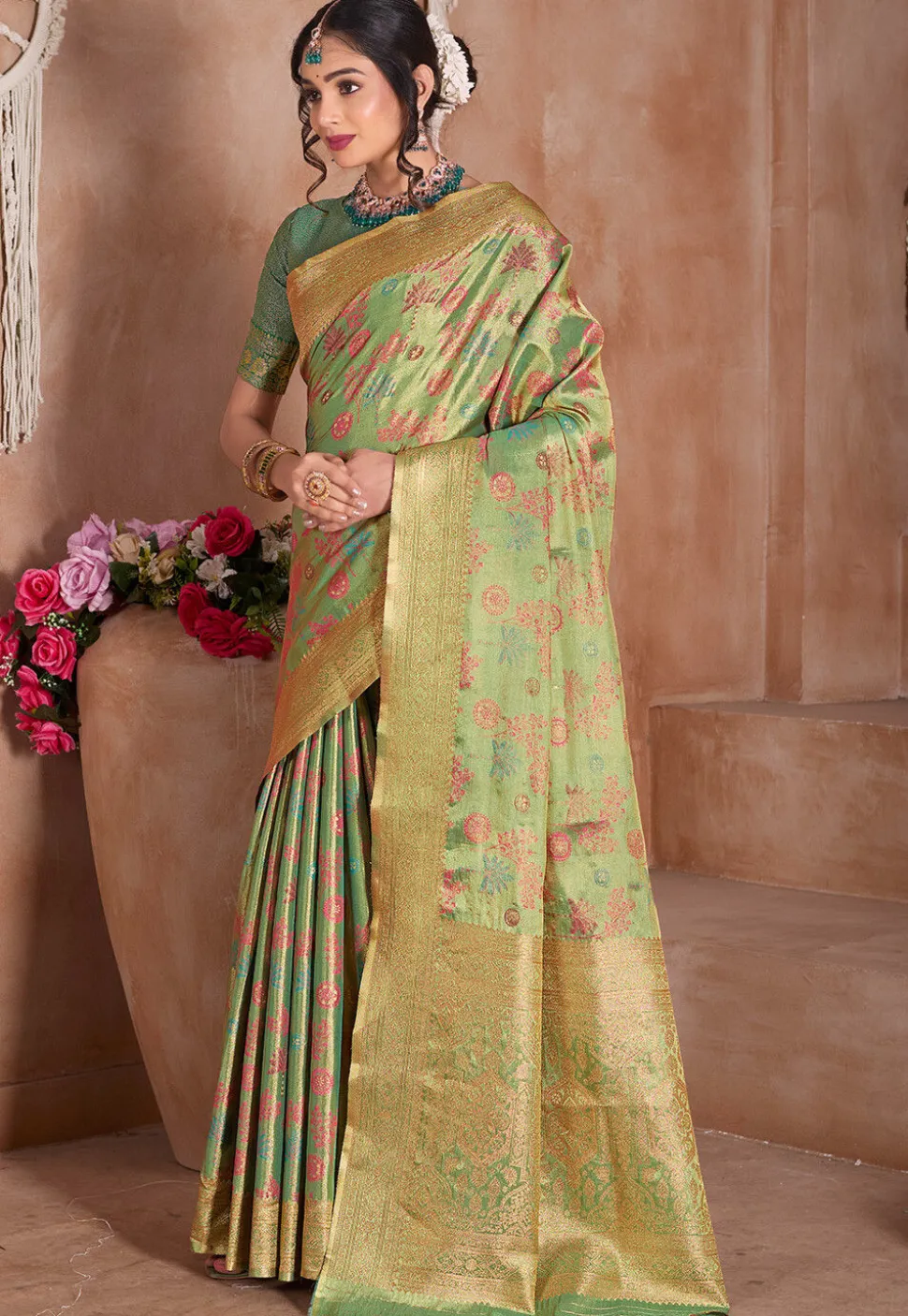 Woven Art Silk Saree in Light Green and Golden