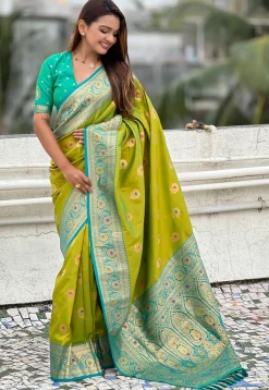 Woven Art Silk Saree in Light Olive Green