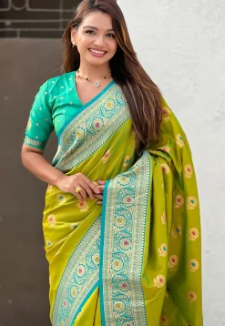 Woven Art Silk Saree in Light Olive Green