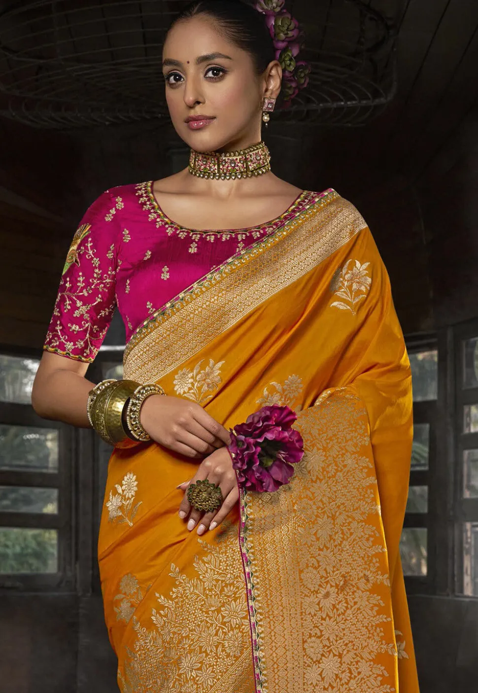 Woven Art Silk Saree in Mustard
