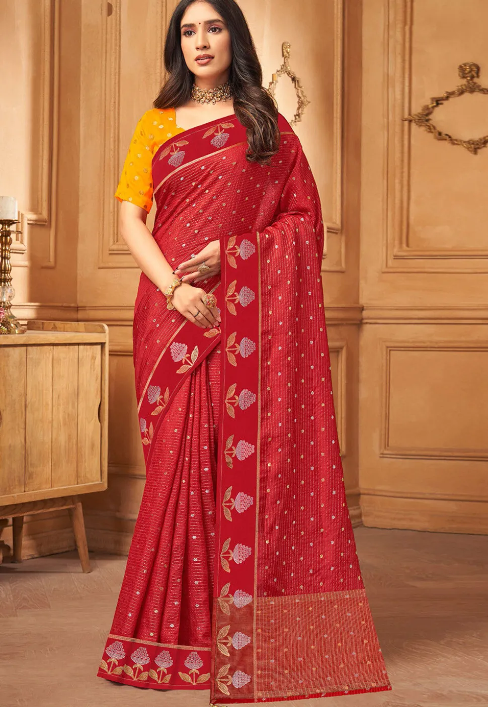 Woven Art Silk Saree in Maroon