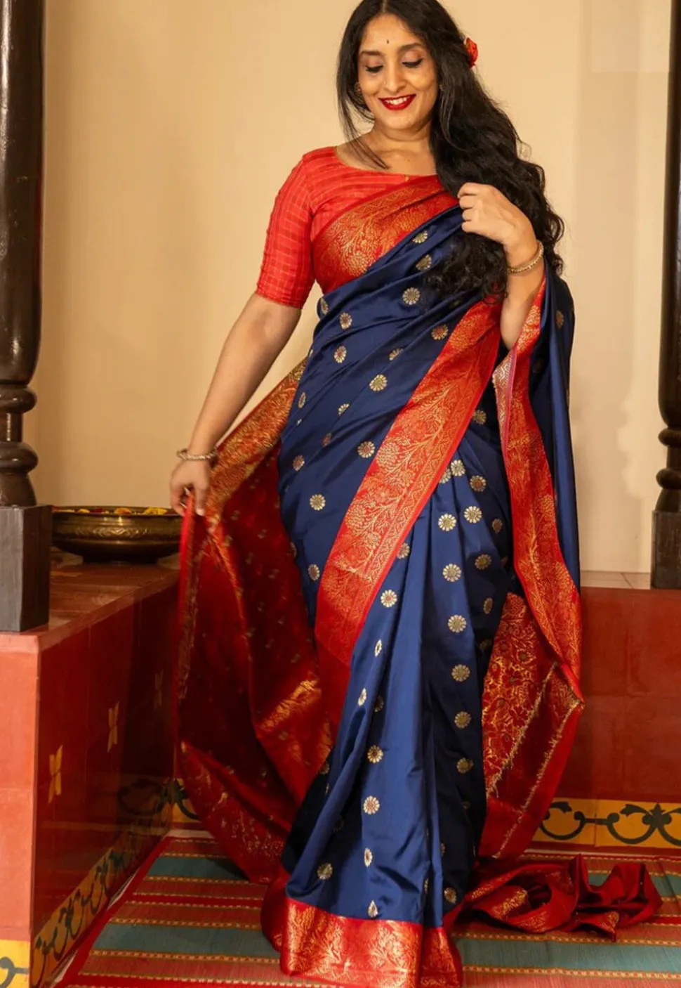 Woven Art Silk Saree in Navy Blue