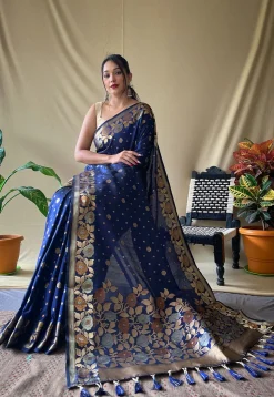 Woven Art Silk Saree in Navy Blue