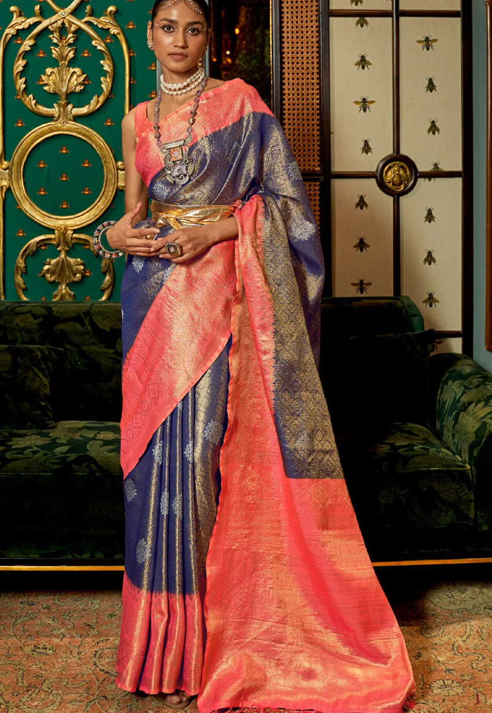 Woven Art Silk Saree in Navy Blue