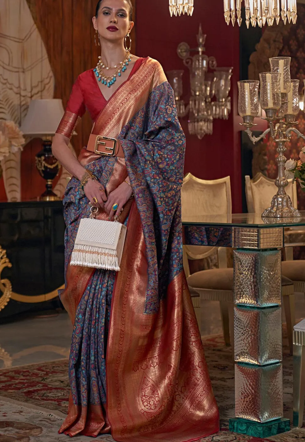 Woven Art Silk Saree in Navy Blue