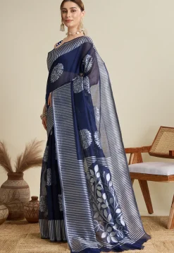 Woven Art Silk Saree in Navy Blue