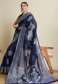 Woven Art Silk Saree in Navy Blue