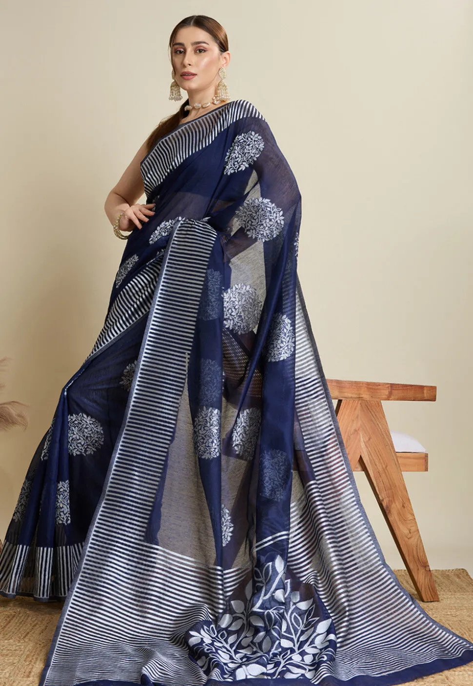 Woven Art Silk Saree in Navy Blue