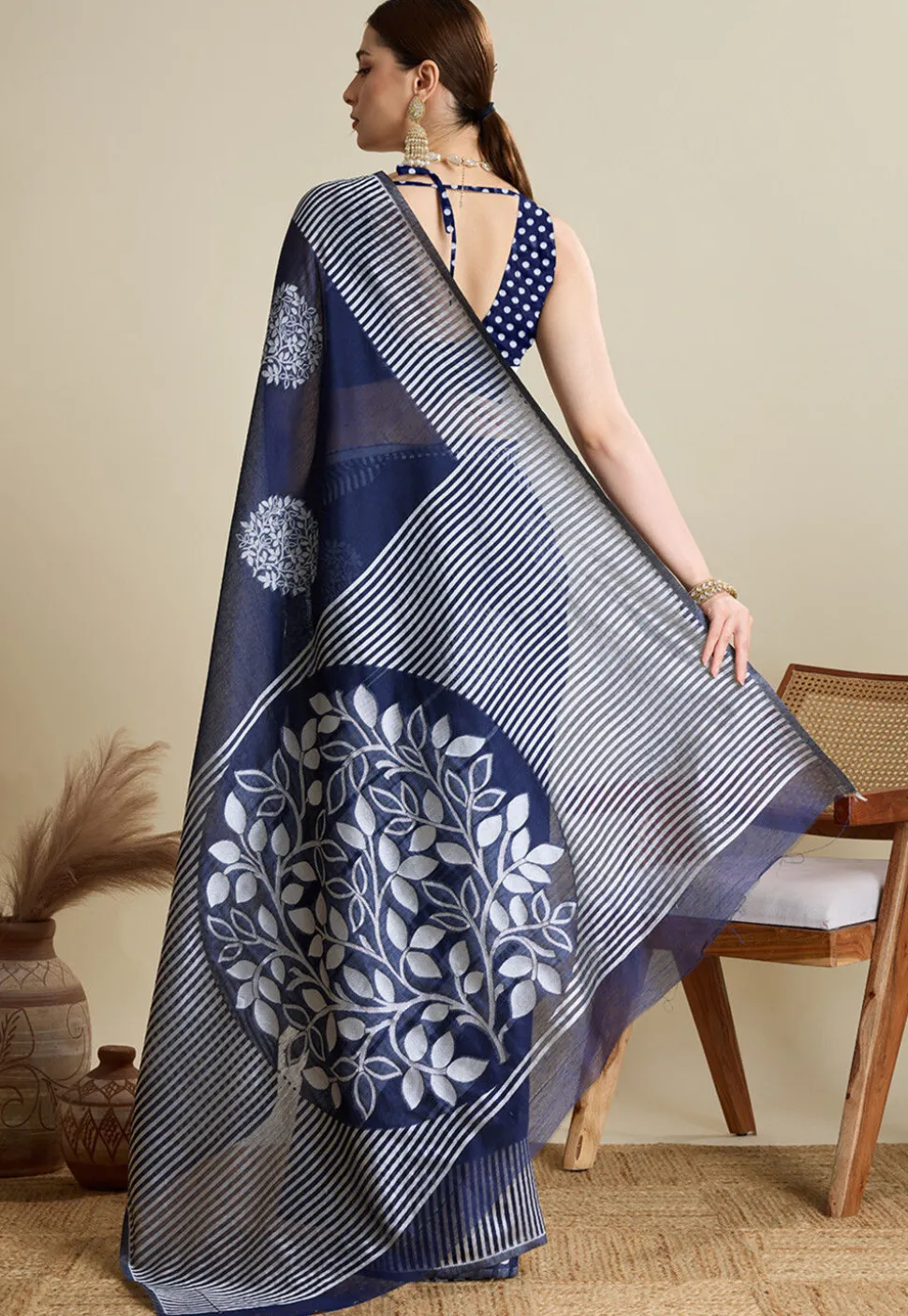 Woven Art Silk Saree in Navy Blue