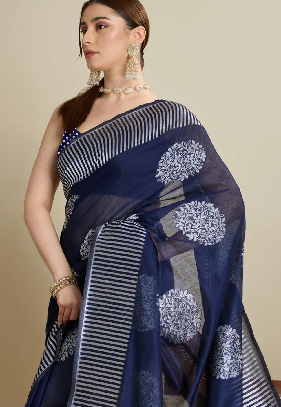 Woven Art Silk Saree in Navy Blue