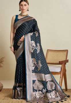 Woven Art Silk Saree in Navy Blue