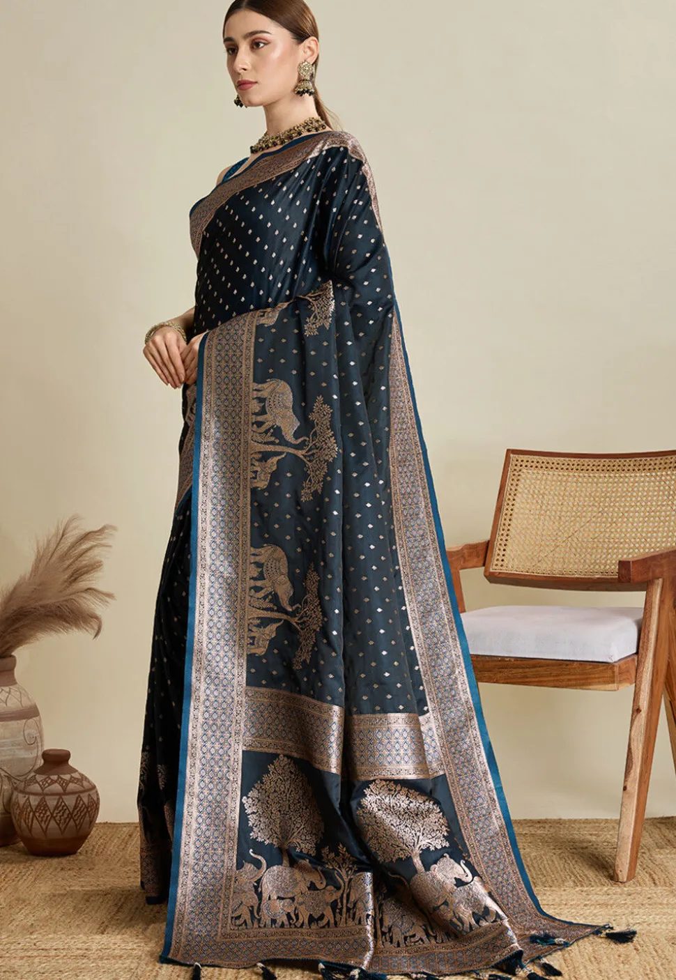 Woven Art Silk Saree in Navy Blue