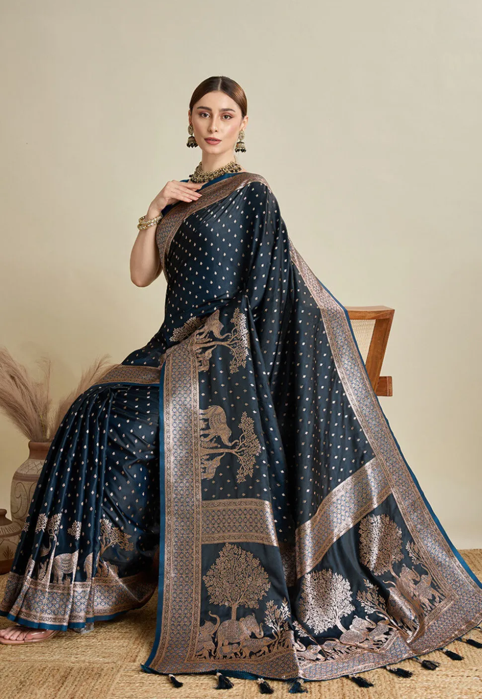 Woven Art Silk Saree in Navy Blue