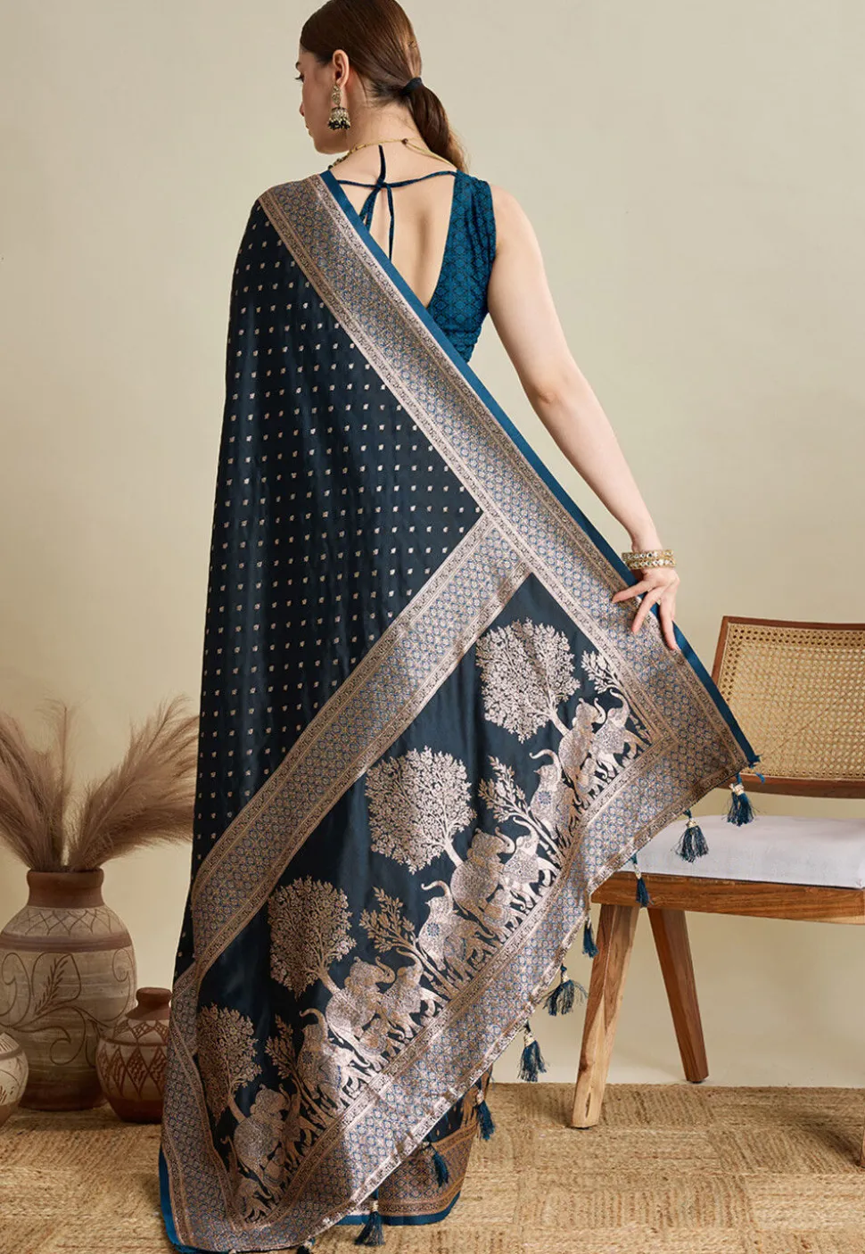 Woven Art Silk Saree in Navy Blue