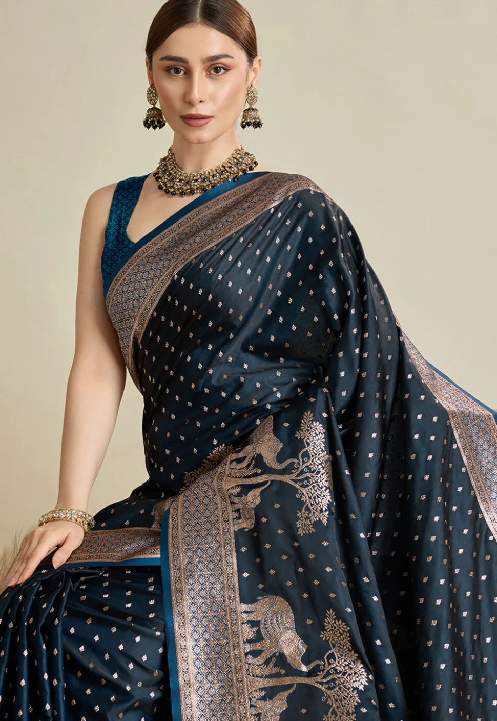 Woven Art Silk Saree in Navy Blue