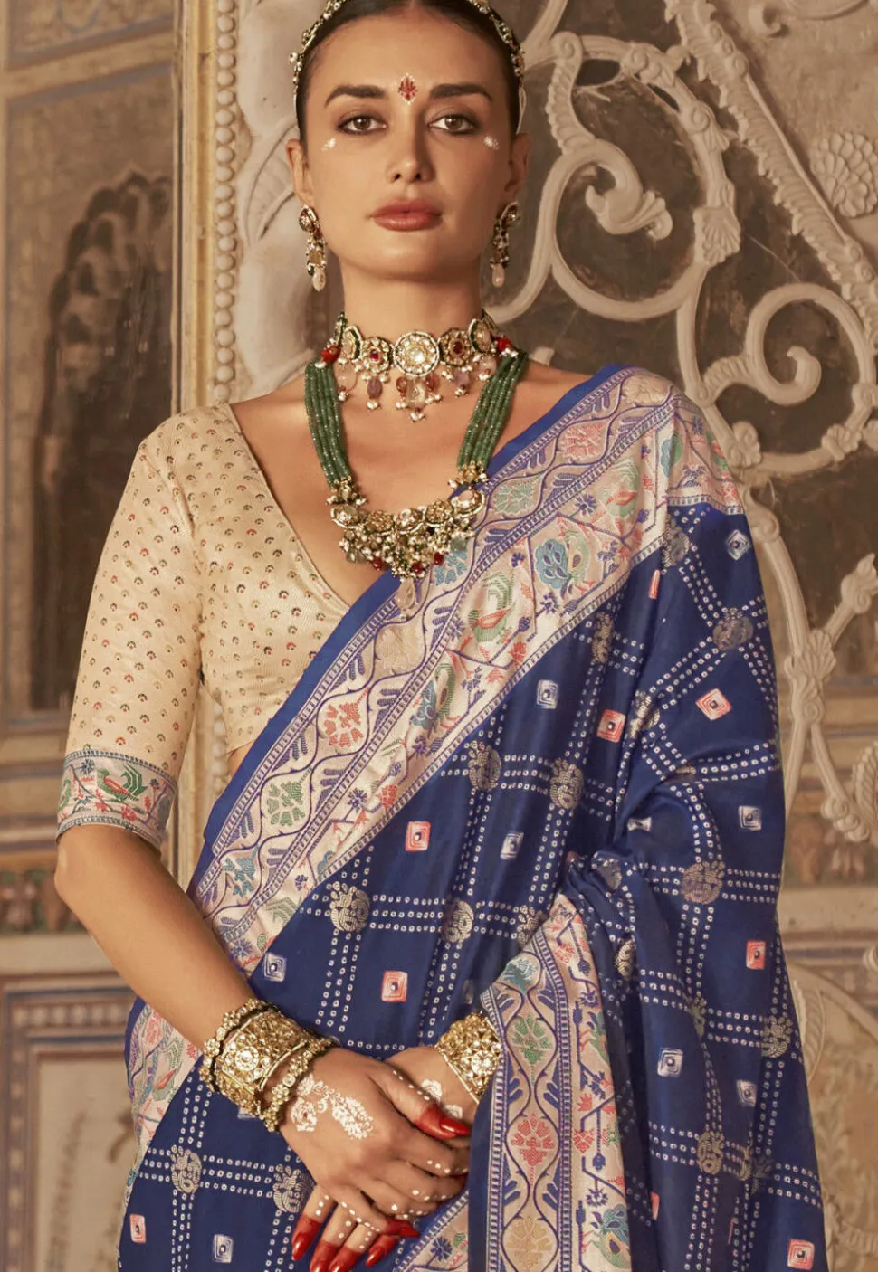 Woven Art Silk Saree in Navy Blue