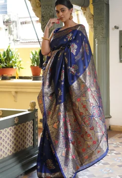 Woven Art Silk Saree in Navy Blue