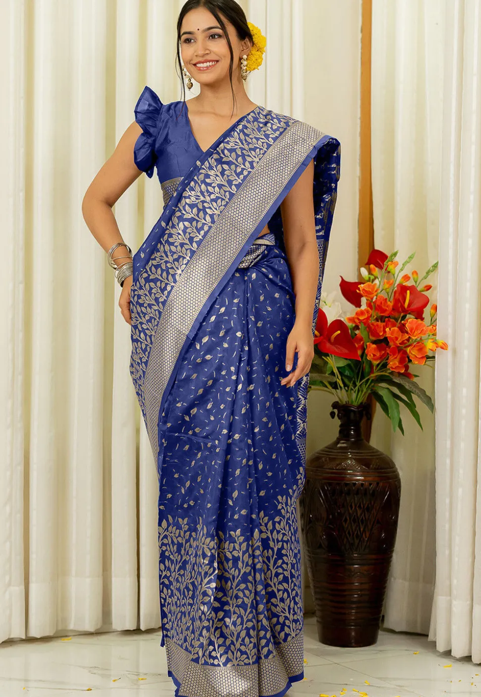 Woven Art Silk Saree in Navy Blue