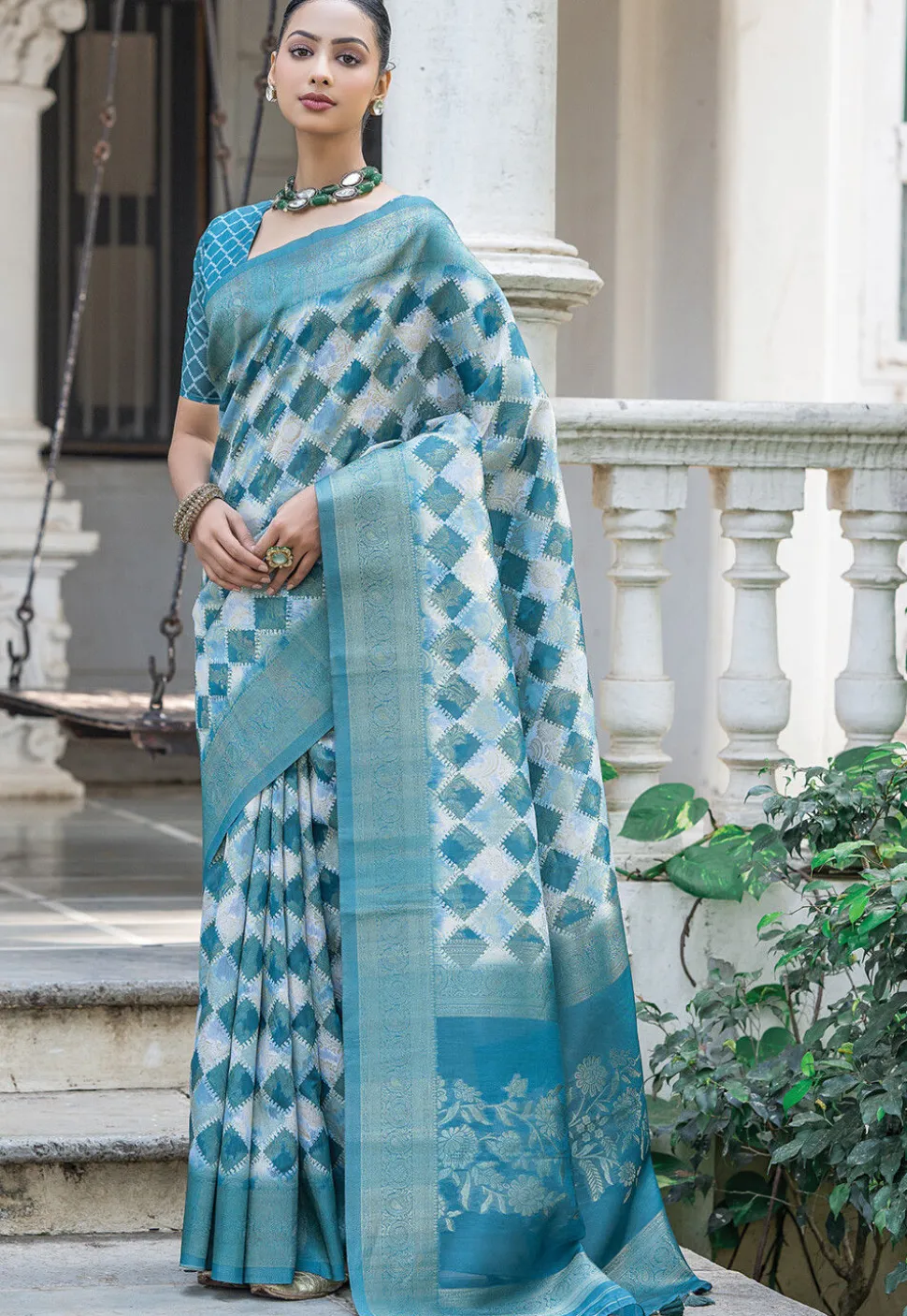 Woven Art Silk Saree in Off White and Blue