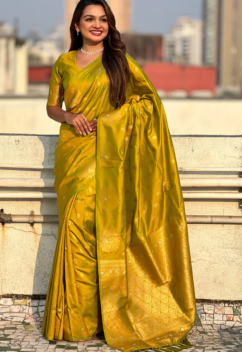 Woven Art Silk Saree in Olive Green