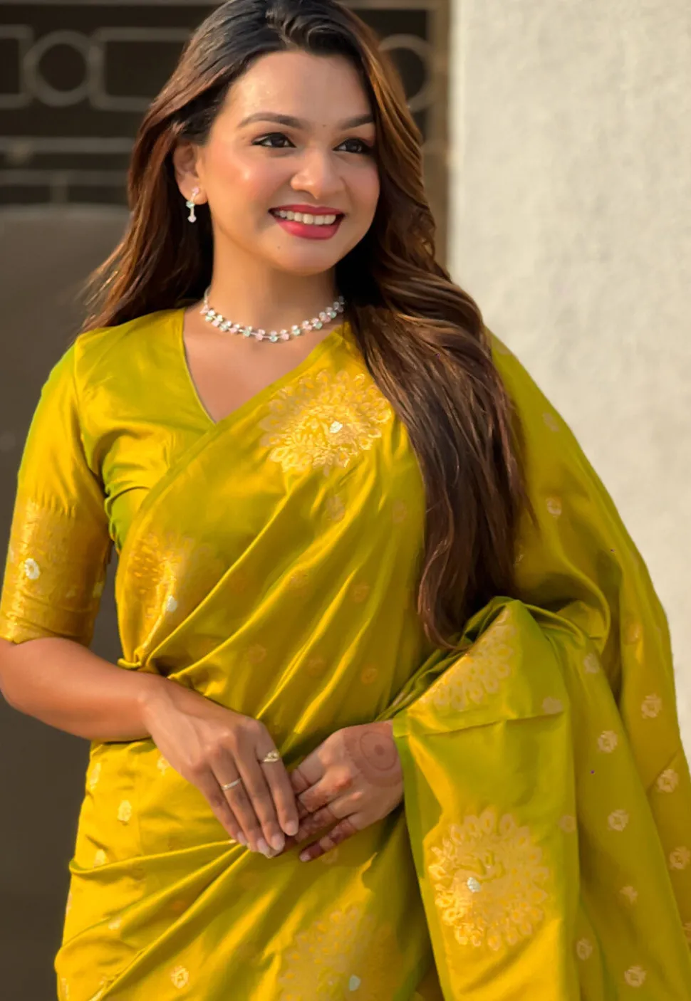 Woven Art Silk Saree in Olive Green