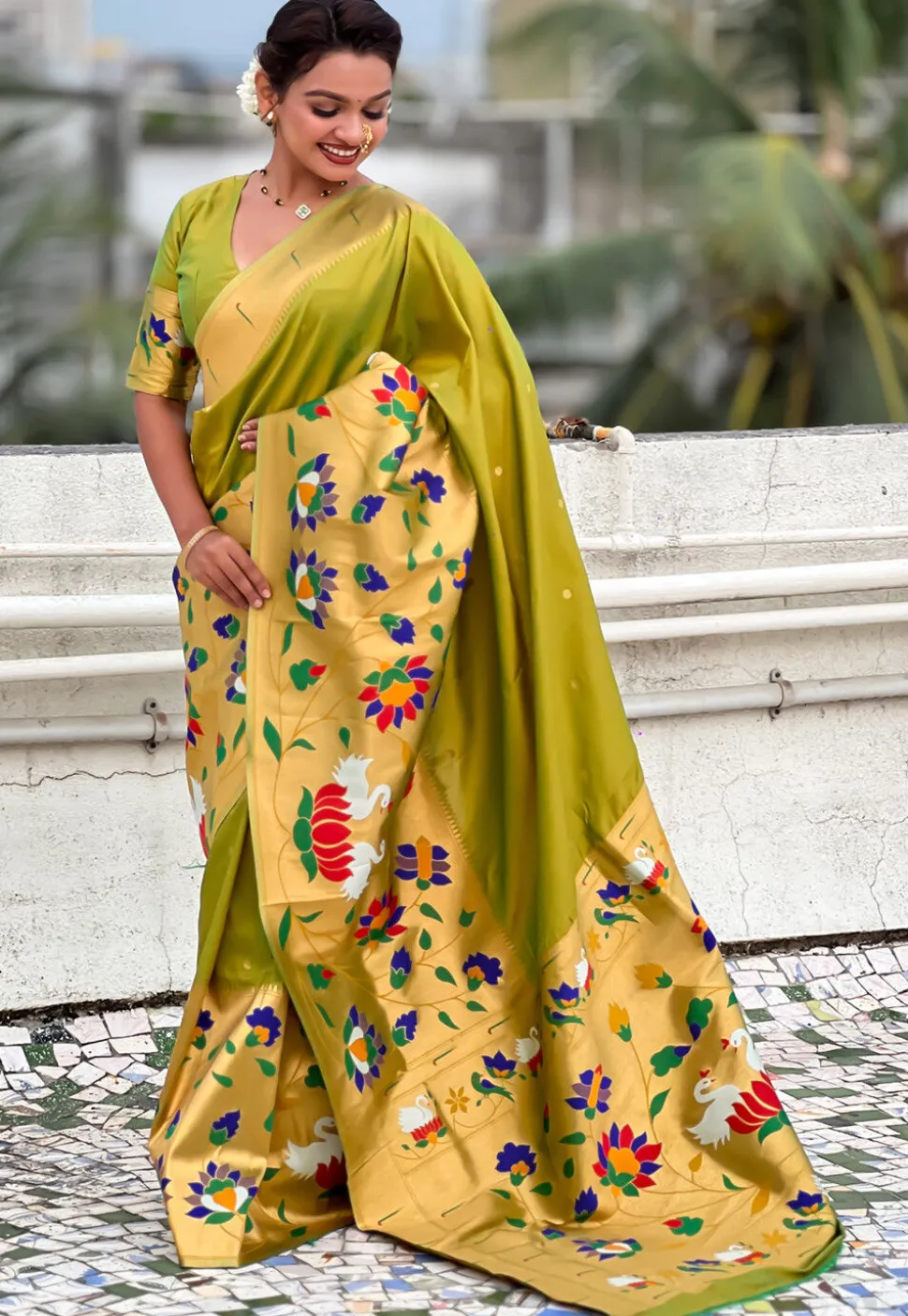 Woven Art Silk Saree in Olive Green