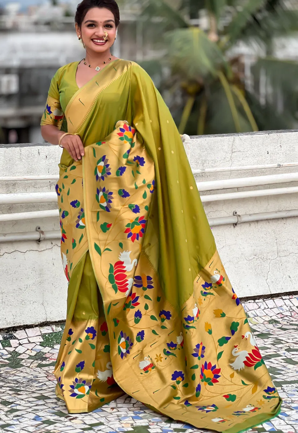 Woven Art Silk Saree in Olive Green