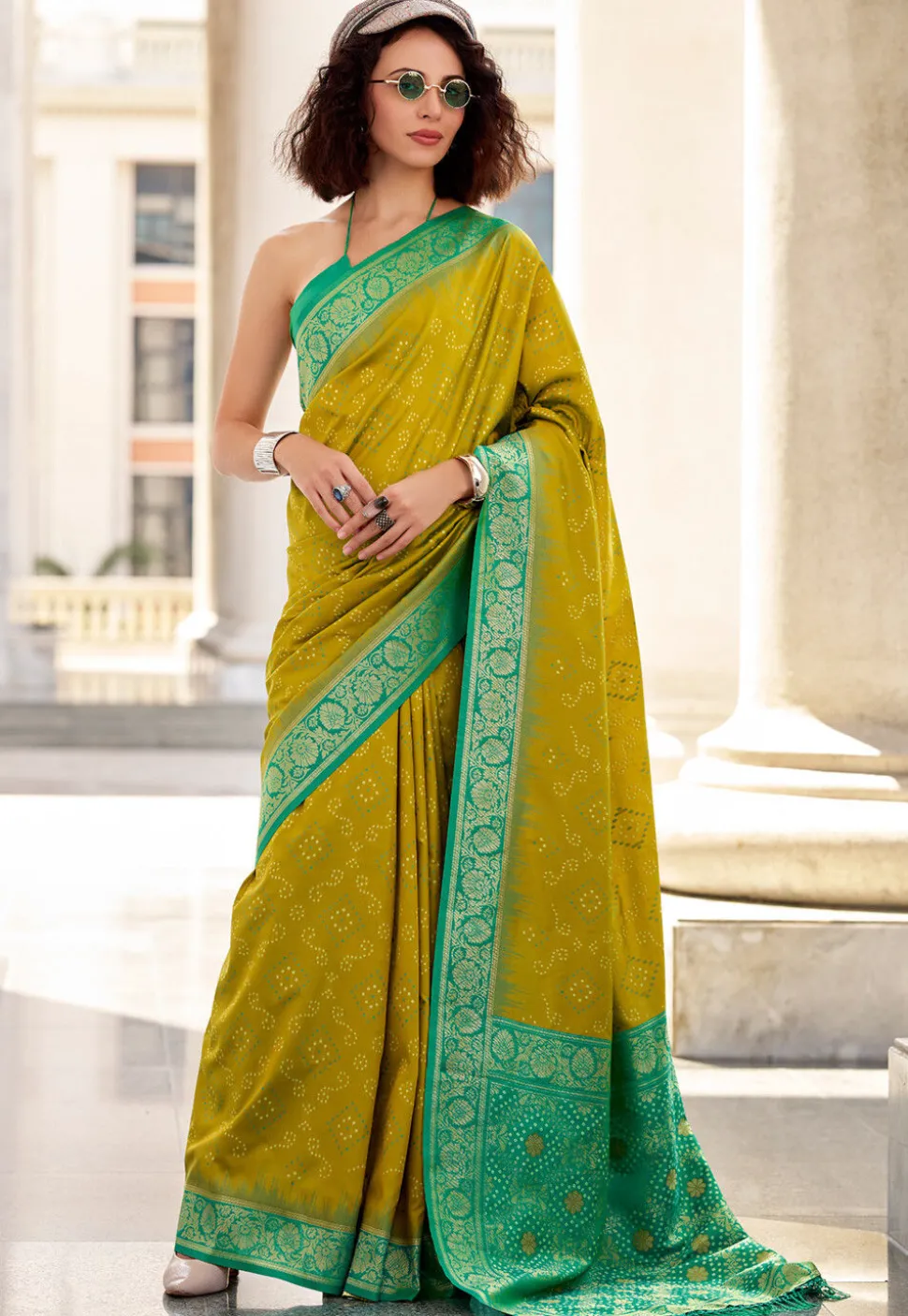 Woven Art Silk Saree in Olive Green
