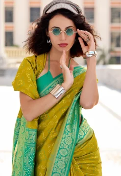 Woven Art Silk Saree in Olive Green