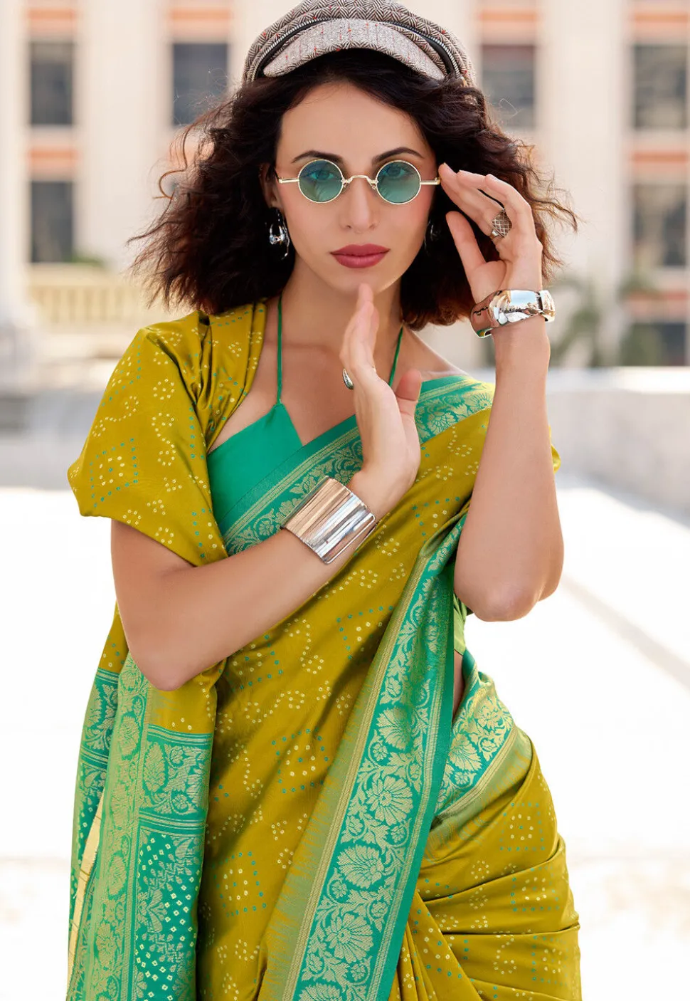 Woven Art Silk Saree in Olive Green