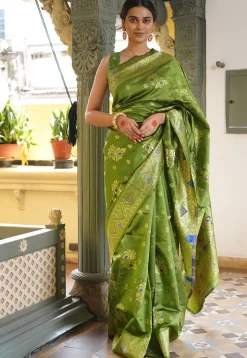 Woven Art Silk Saree in Olive Green