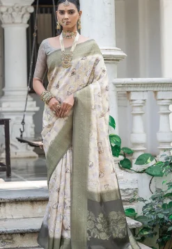 Woven Art Silk Saree in Off White
