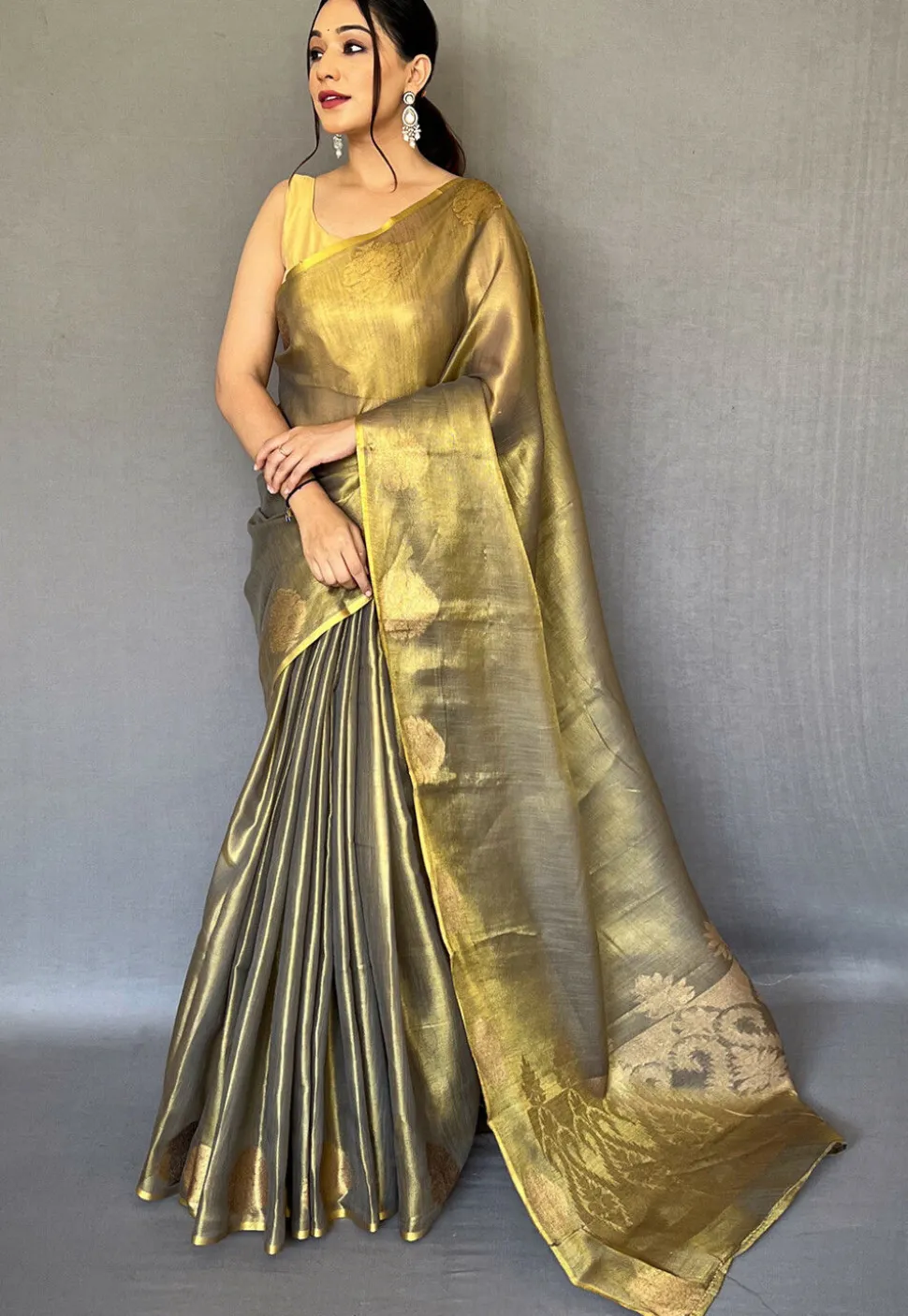 Woven Art Silk Saree in Olive Green