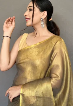 Woven Art Silk Saree in Olive Green