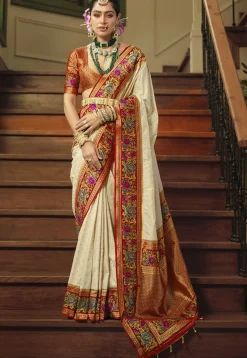 Woven Art Silk Saree in Off White