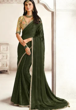 Woven Art Silk Saree in Olive Green
