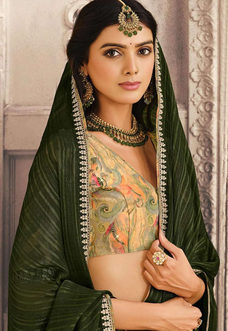 Woven Art Silk Saree in Olive Green