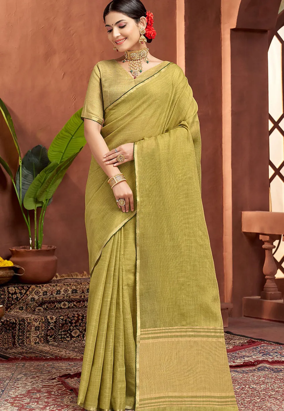 Woven Art Silk Saree in Olive Green