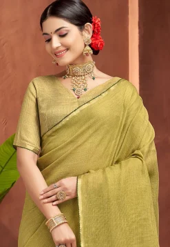 Woven Art Silk Saree in Olive Green