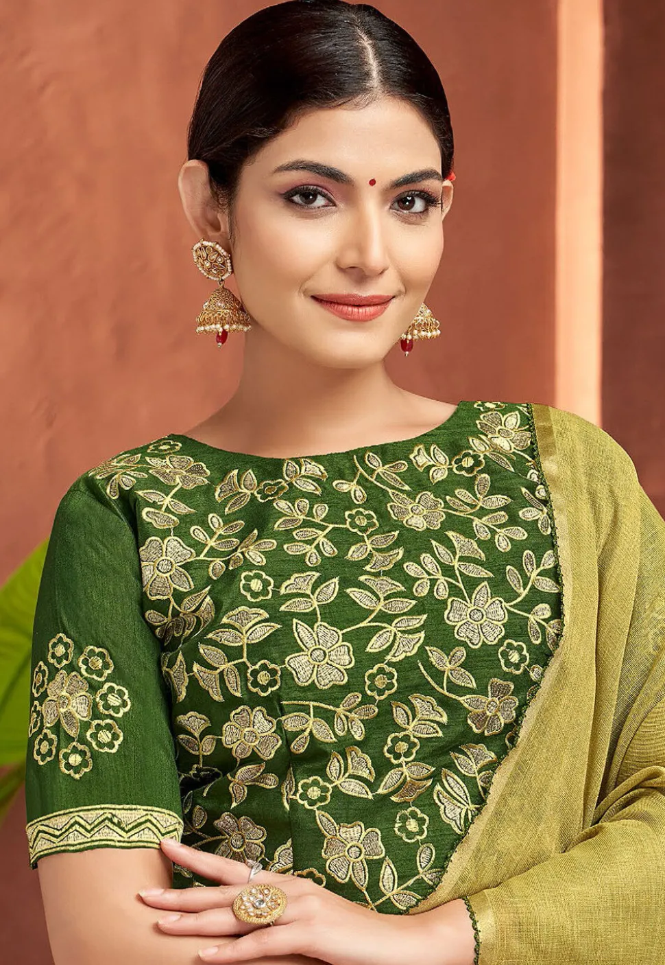 Woven Art Silk Saree in Olive Green