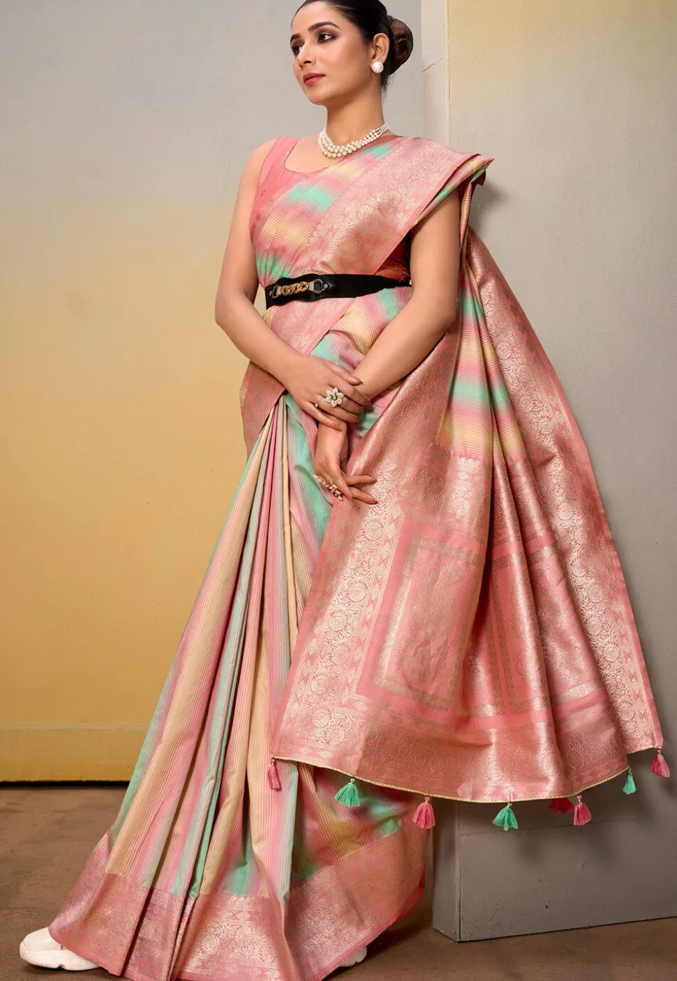 Woven Art Silk Saree in Peach and Multicolor