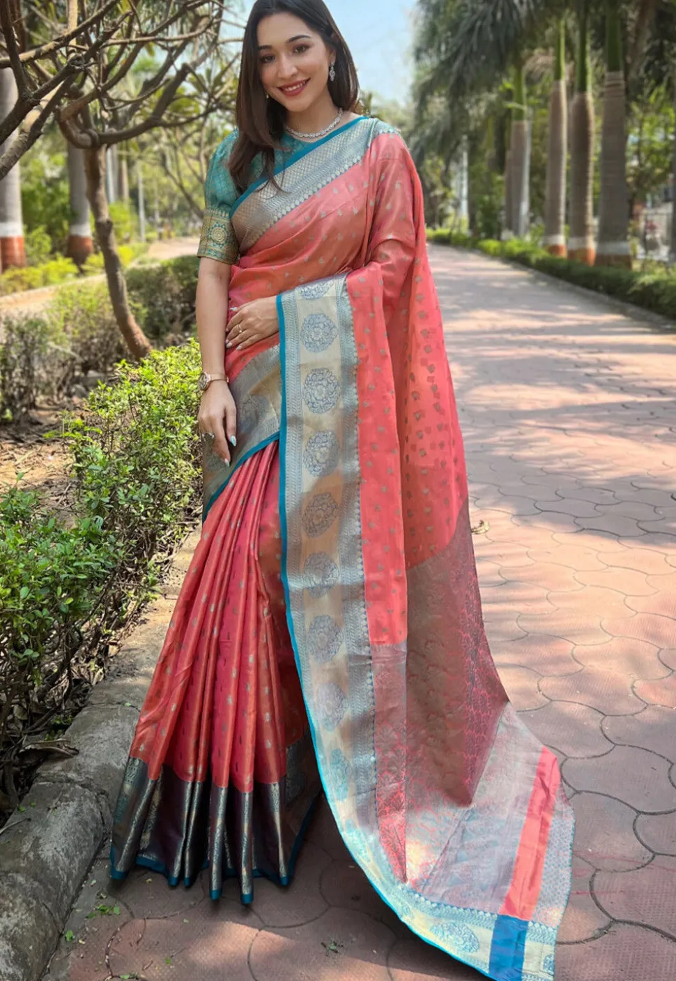 Woven Art Silk Saree in Peach