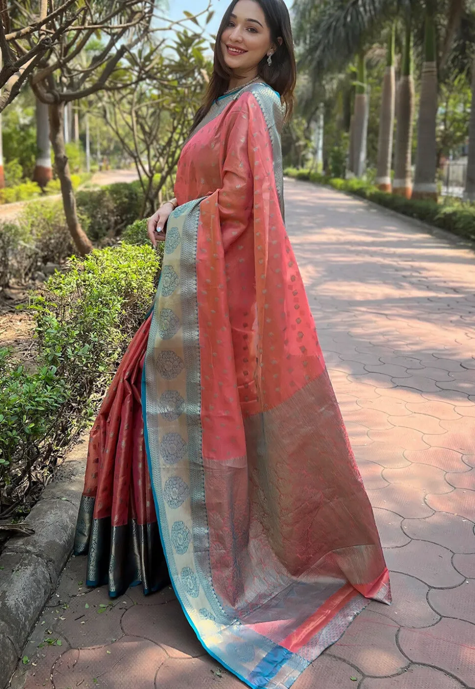 Woven Art Silk Saree in Peach