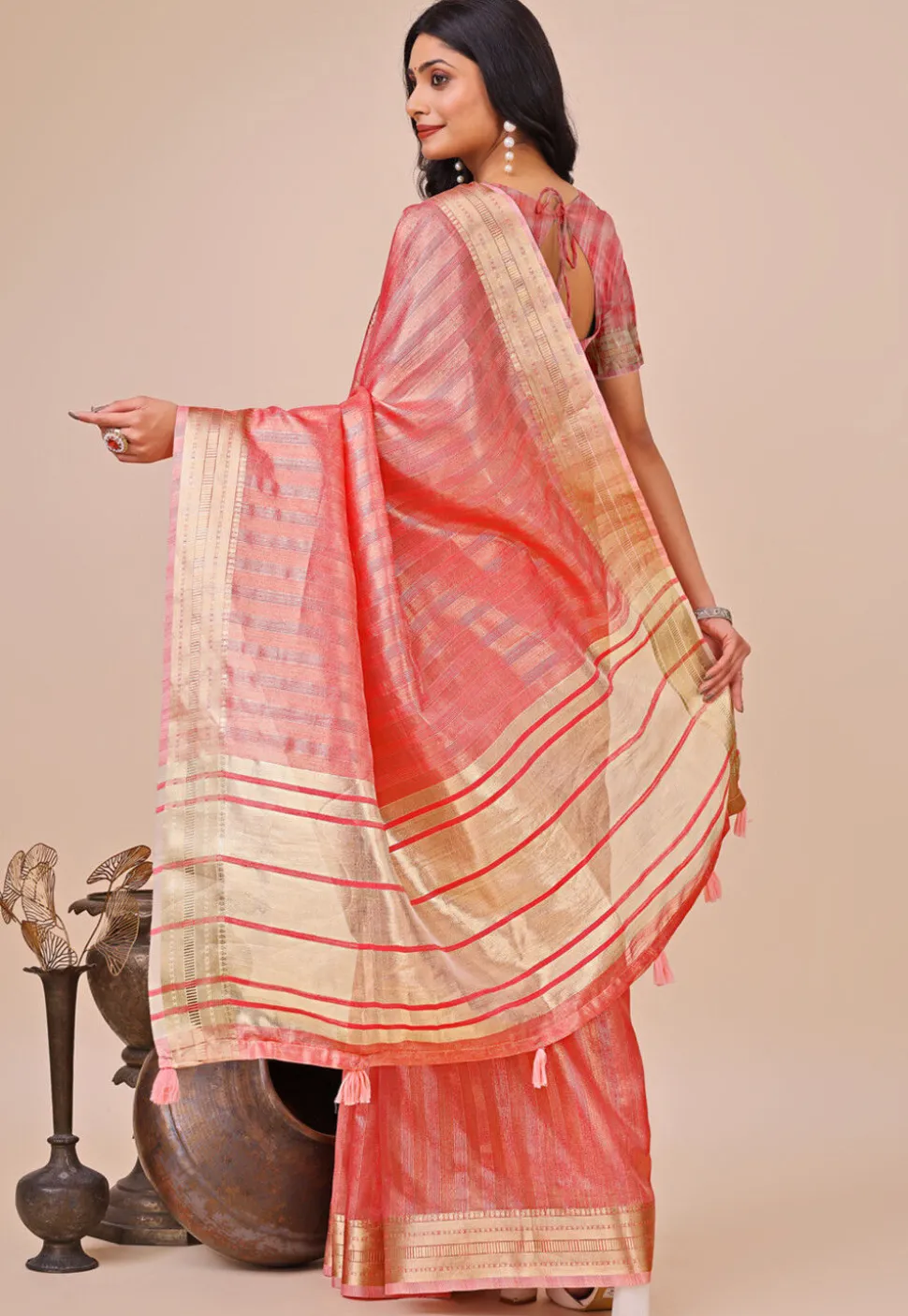 Woven Art Silk Saree in Peach