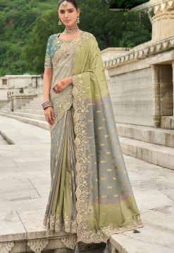 Woven Art Silk Saree in Pastel Green and Grey