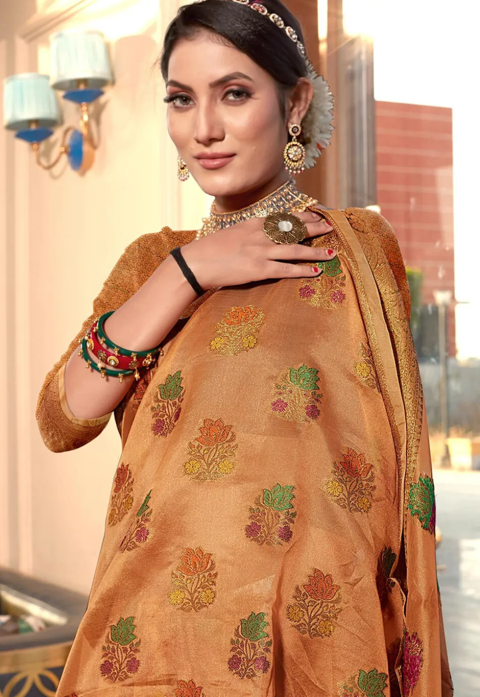 Woven Art Silk Saree in Peach